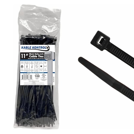 Kable Kontrol Cable Tie, 11 in L, 3-3/16 in Max Bundle Dia., Black, Nylon 6/6, 50 lb Strength, 100 PK CT267
